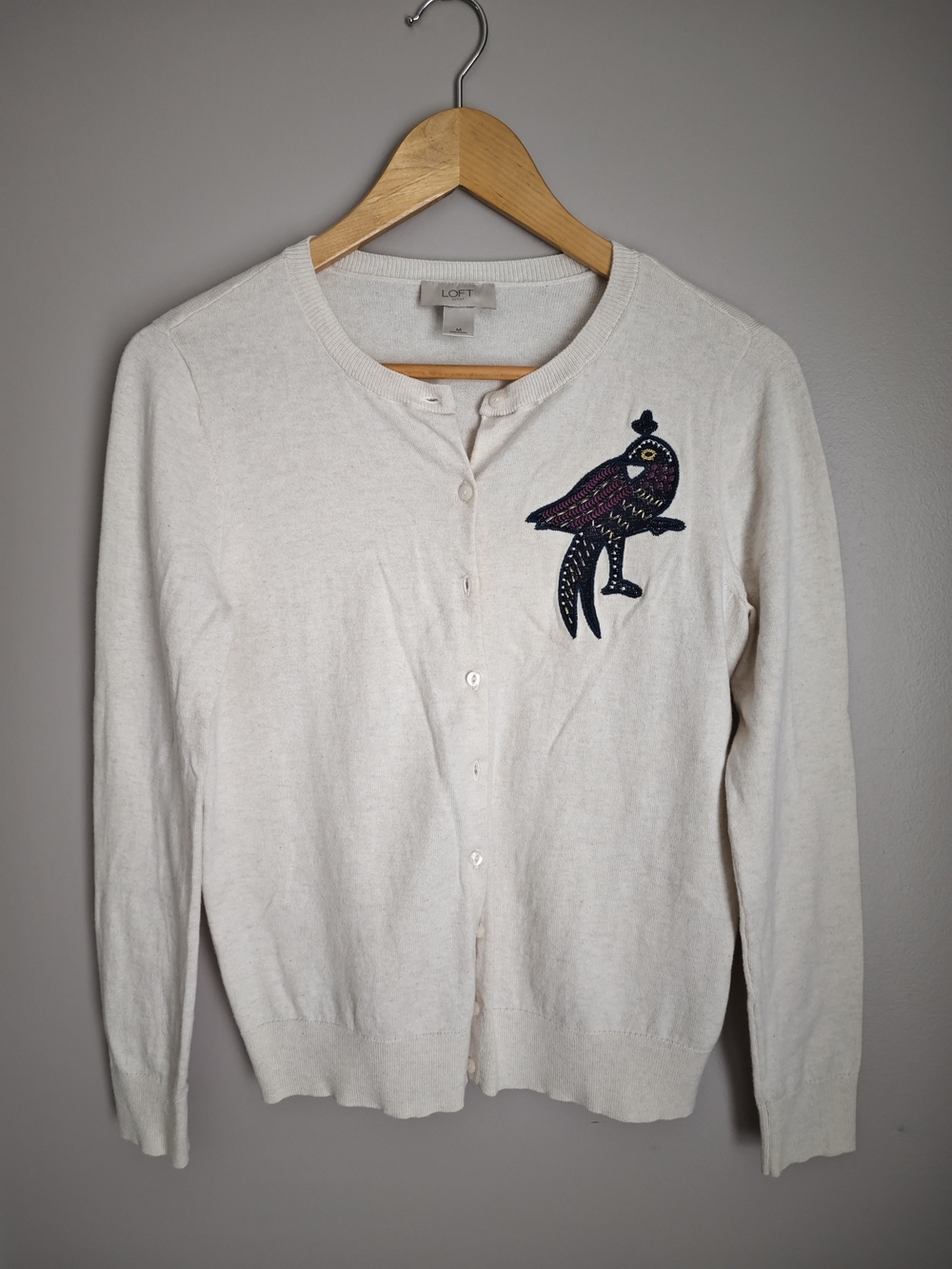 LOFT Cream Button-Up Cardigan with Embroidered Bird Patch